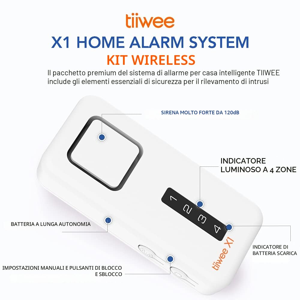 tiiwee Sistema di Allarme per Porte e Finestre - Sistema di Sicurezza con Potente Sirena, 1 Rilevatore di Movimento, 2 Sensori per Porte e Finestre e 2 Telecomandi