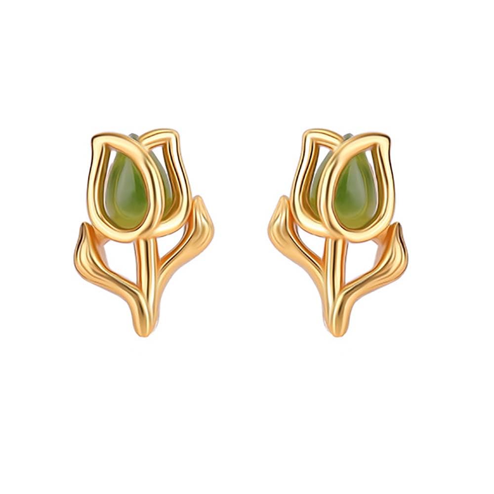 WBDWWTD Zierliche Rosen-Ohrstecker, grüne Jade-Ohrringe, Sterlingsilber für Frauen, Jade-Liebesschmuck, Gold
