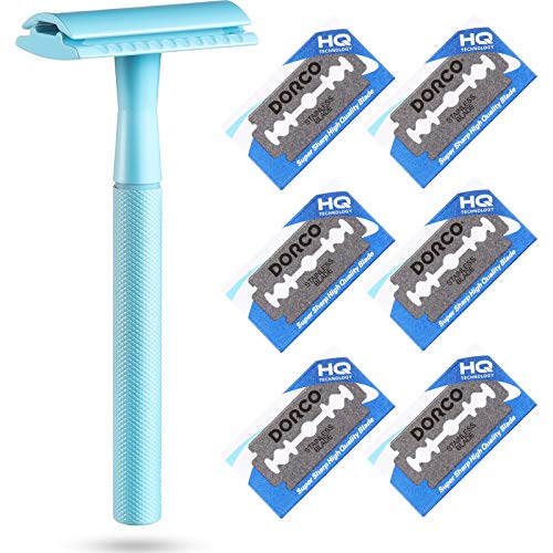 Double Edge Razor Long Handled Safety Razor Reusable Razor Women Razor Double Edge Shaving Razor with 10 Pieces Blades for Women Girls (Blue)