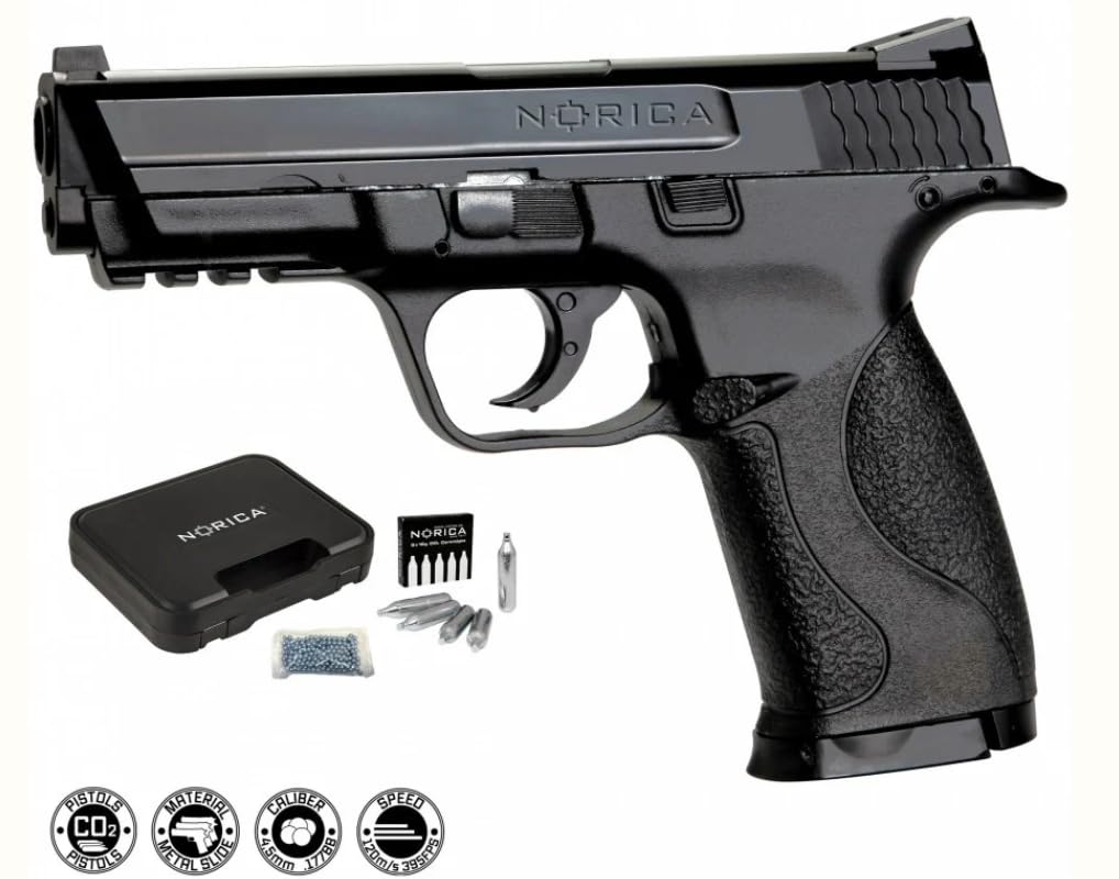 Norica Pack Pistola de Aire comprimido NAC 1703 Calibre 4.5 | CO2 y balines BBS (perdigones de Acero) <3,5J