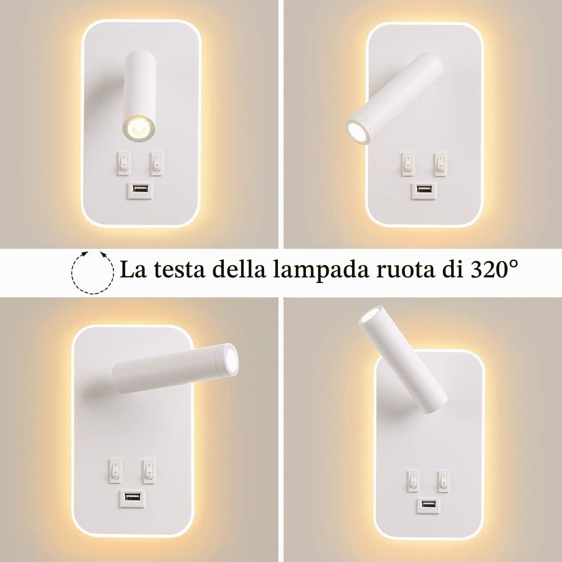 Weigudoc 2 x Lampada da parete a LED, luce di lettura accanto al letto, applique da parete regolabile, con porta di ricarica USB e interruttore, luci da parete del corridoio (bianco)