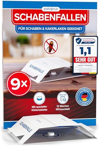 Patronus Schabenfalle [9 Stück] mit effektiven & giftfreien Ködertabletten, Starke Monitoring-Klebefalle, Kakerlakenfalle zur Befallsermittlung von Küchen-Schaben & Kakerlaken in Allen Wohnräumen