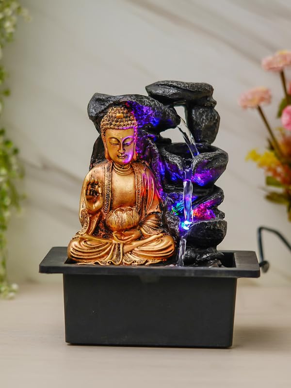 Image of Golden Brown Polyresin Tabletop Buddha 3 Step Indoor Water Fountain for Home Decor with LED, Speed Control Pump (Size: 21 x 18 x 26 CM | Weight: 870Gram)