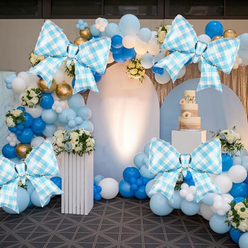 Image of 5pcs Blue Bow Balloon, Light Blue Bows Balloons, 38 Inch Mesh Giant Large Bow Foil Balloon For Christmas Birthday Baby Shower Girls Women Party Wedding Bridal Shower Bachelorette Engagement Decoration