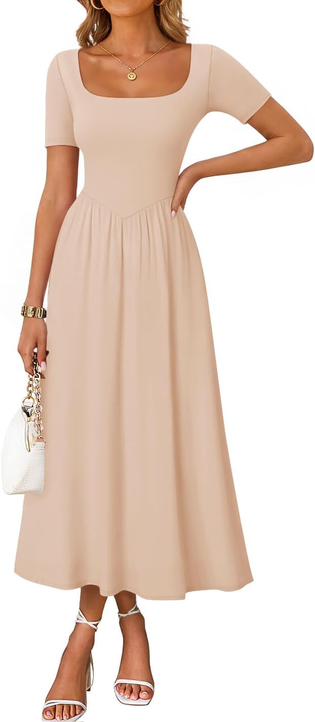 ZESICA Summer Dresses for Women 2026 Elegant Classy Square Neck Short Sleeve Flowy Cocktail Party Midi Dress