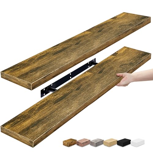Sorbus Floating Shelves for Wall - 35 Inch Long Bathroom Shelves Wall Decor for Bedroom Kitchen Living Room & Book Storage - Mounted Floating Shelf with Invisible Brackets (Rustic Brown 2 Pack)