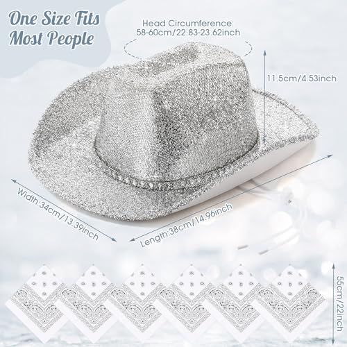 Image of Coume 12 Pcs Sparkly Adults Cowboy Hat and Bandanas Women Men Western Glitter Cowgirl Party Hats with Adjustable Drawstring