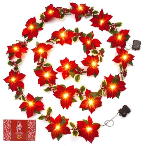2PK 6FT Christmas Pre Lit Decoration Garland Poinsettia Garland with Red Berries & Holly Leaves, Christmas Garland,Artificial Poinsettia Garland(Red)