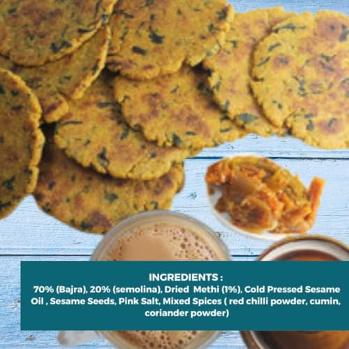 Image of NIHKAN Baked Bajra Methi Bhakri - 200 Gms | Ready to Eat Millet Snack | Low Calorie No Palm Oil No Preservatives | Healthy Traditional Gujarati Snacks | Made in cold pressed sesame oil