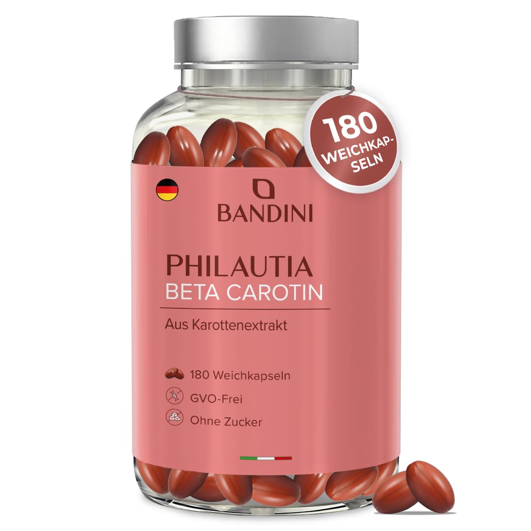 Bandini® Beta Carotin 180 Softgels | Beta-Carotin Bräunungskapseln | aus natürlichem Karottenextrakt | Vitamin A Hochdosiert für einen strahlenden Teint | Sehkraft, Haut & Immunsystem | 90 Tage