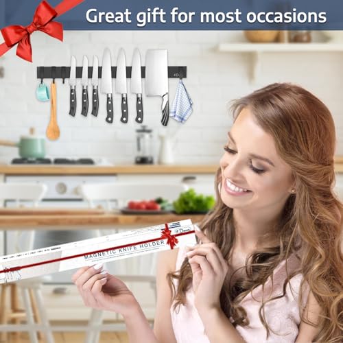 Dmore Magnetic Knife Holder For Wall—With 4 Hooks, No Drilling 20 Inch Black Knife Magnetic Strip thumb #5