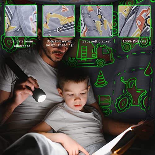 Image of Glow in The Dark Blanket Boys Gifts for Kids Fuzzy Cozy Warm Soft Fleece Glowing Tractor Blankets for Bed Sofa Couch Unique Gifts Construction Truck Throw Blanket for Boys Teens 50 inchx60 inch