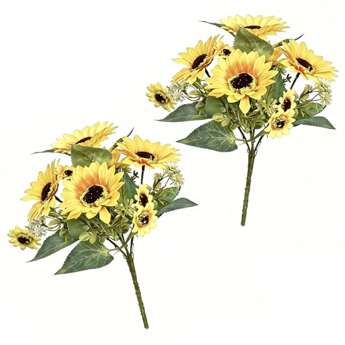 UoYeet 2 Pack 12Artificial Sunflower Bouquets Faux Sunflower Stems with 5 Large Sunflower Heads 6 Small Daisies & Green Leaves Fake Flowers for DIY Home Office & Farmhouse Dcor