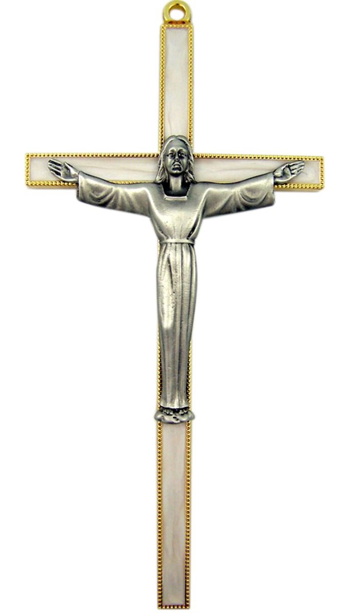 - Gold Plated Pewter Cross Keepsake with Risen Christ Corpus, 7 Inches