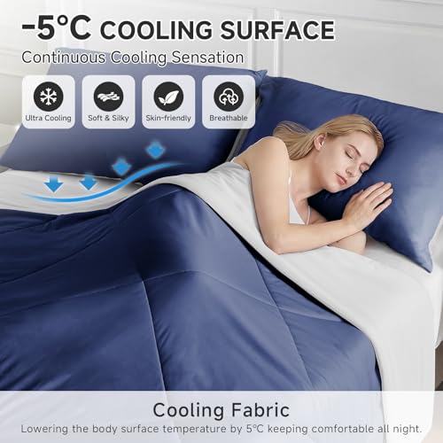 Image of HOMFINE Cooling Comforter Japanese Double-Sided Cold Tech Fabric Cooling Blanket for Night Sweats Hot Sleepers, Q-Max 0.45 Soft Breathable Silky Smooth Lightweight Dark Blue Summer Comforter King