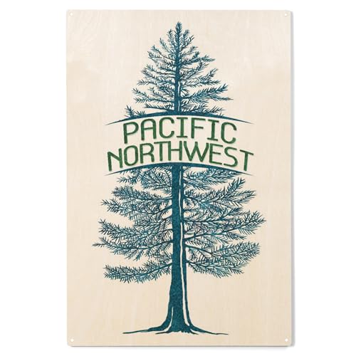 Lantern Press 10x15 Inch Wood Sign, Ready to Hang Wall Decor, Pacific Northwest, Blue Spruce Tree, Green Type