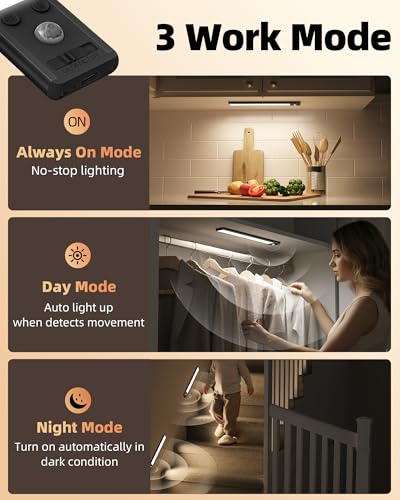 Image of EZVALO Under Cabinet Lighting, 3500mAh Rechargeable Motion Sensor Light Indoor, 3 Color Temps, 5-Level Dimmable Magnetic Wireless Closet Lights for Kitchen, Stairs (Black, 2 Pack)
