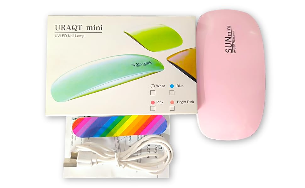 Package contents of the URAQT Mini Gel Nail Lamp, w tym lamp, USB cable, and a nail file.