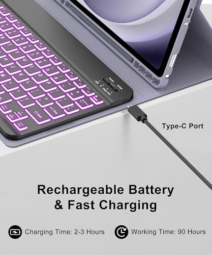 Image of Backlit Keyboard Case for Samsung Galaxy Tab A9 Plus 11 Inch 2023, Detachable Keyboard for Galaxy A9+ Plus with Pen Holder, Backlight Keypad Cover for Samsung Tab 11'' SM-X210 /X216 /X218, Lavender