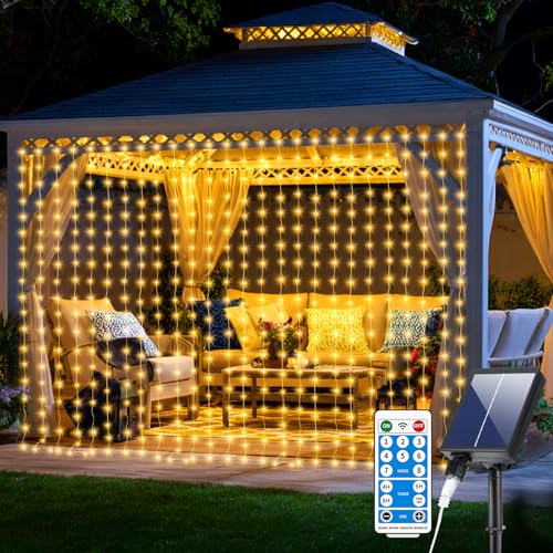 Upgraded Solar Curtain Lights 10x10Ft 300LED Solar Powered Waterfall Lights for Patio Gazebo Backdrop Wedding Party with USB Rechargeable Remote Timer Hanging Twinkle Fairy String Lights