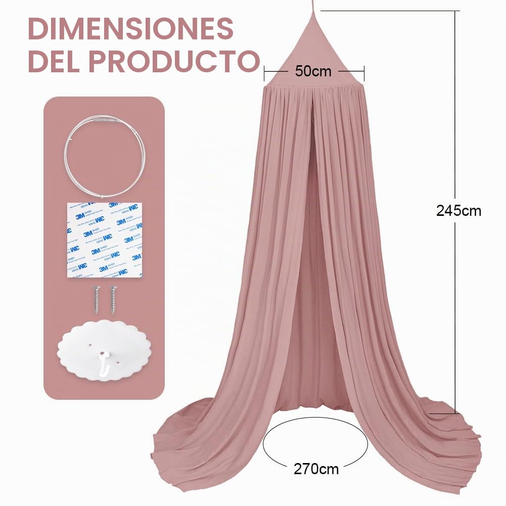 Aolso Dosel de Cama Infantil para Niñas Niños, 245 CM Habitación de Bebé con Tienda, Toldo para Cama de Redondo, Cuna con Cortina Colgante, Mosquitera, Algodón(Rojo Ladrillo)