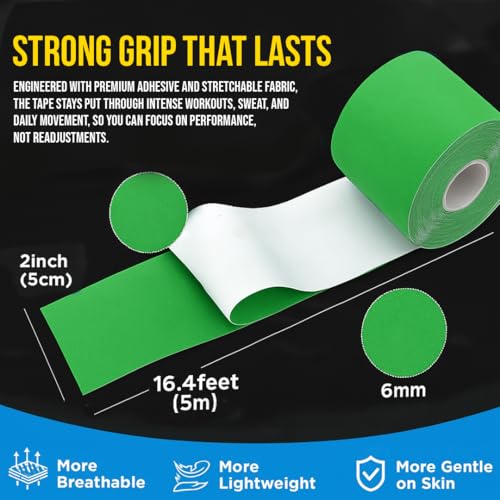 Image of PulseITSportsTape Kinesiology Tape- Waterproof & Sweatproof Sports Tape for Muscle Support, Pain Relief & Injury Recovery | Athletic Physio Tape for Knee, Shoulder, Ankle. 5cm x 5m (Plain, Green)