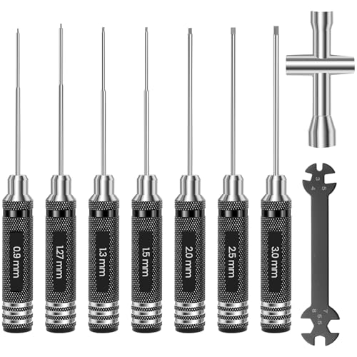 9Pcs Hex Driver Set Hex Allen Screwdriver Set with Black Spanner and Socket 0.9/1.27/1.3/1.5/2.0/2.5/3.0mm Allen Wrench Set High Speed Steel Screwdriver for RC Car Drone Models (1SET)