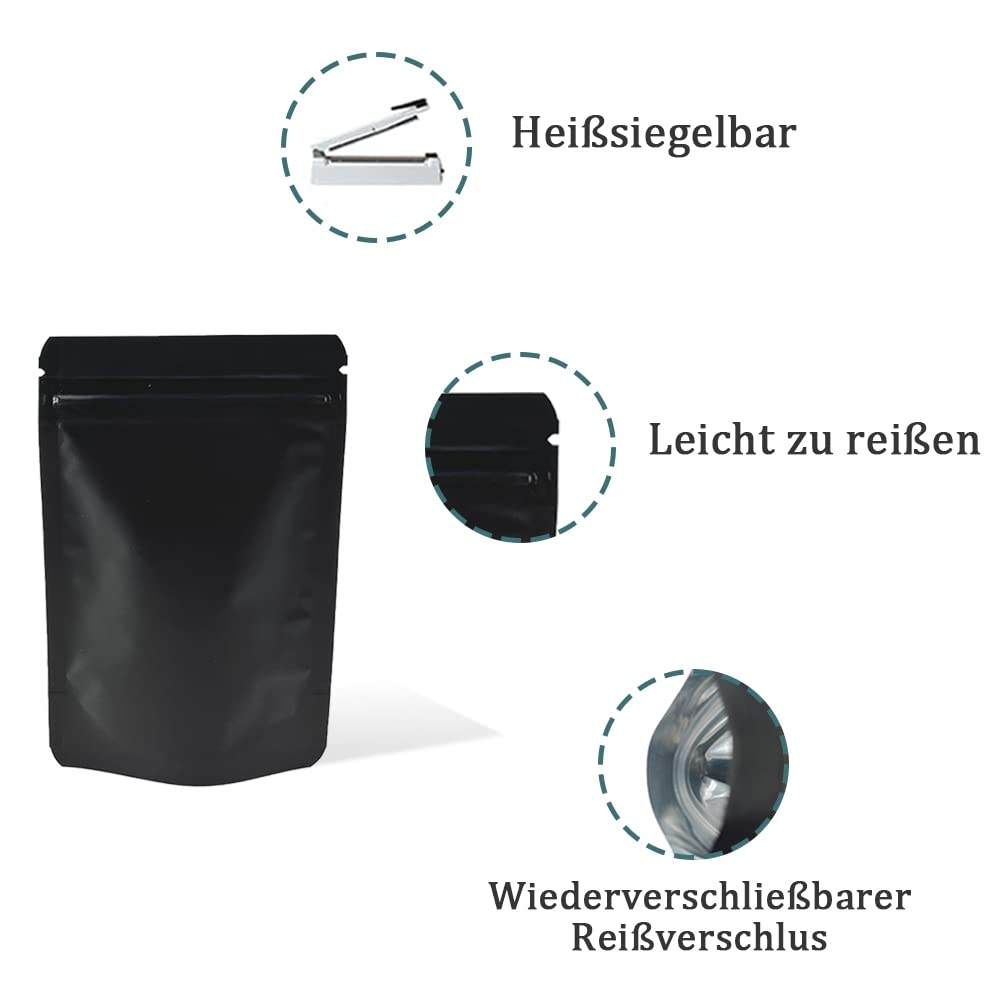 50 unidades Stand Up Matte Aluminiumffolie Reißverschlussbeutel Aufbewahrungstasche für Lebensmittel geruchsicher LangzeitAlmacenamiento 18x26cm (7,1x10,2 pulgadas, Negro)
