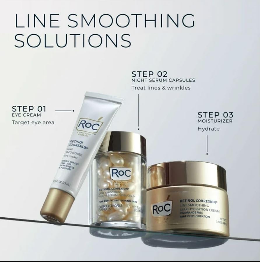 RoC Retinol Correxion Anti-Aging Wrinkle Night Serum Capsules, Daily Line Smoothing Skin Care Treatment for Fine Lines, Post-Acne Scars, 30 Individual Capsules, Unscented, 0.35 Fl Oz