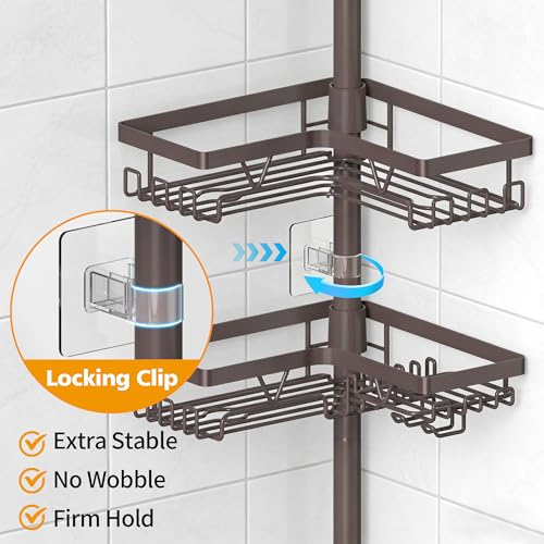Image of KEGII Shower Caddy Tension Pole with 2 Towel Bars, Adjustable Corner Bathroom Organizer, Rustproof Bathtub Storage Shelves for Shampoo, 25-114.2 Inch Shower Corner Rack for Renters & Family, Bronze