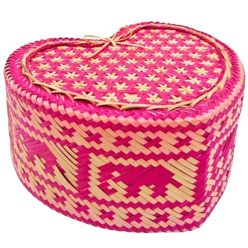 Generic Bamboo Sticky Rice Serving Basket 6.2 x 5.2 Inch, Kratip, Intricately Woven Container, Heart-Shaped, Elephant Weave Pattern, Blue, Thailand Handmade (Pink)