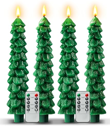 Sttokilly 4Pcs Christmas Tree Flameless Candles with Remote and Timer LED Candles Battery Operated Real Wax Window Candlesticks with Flickering 3D Flame for Christmas Decoration