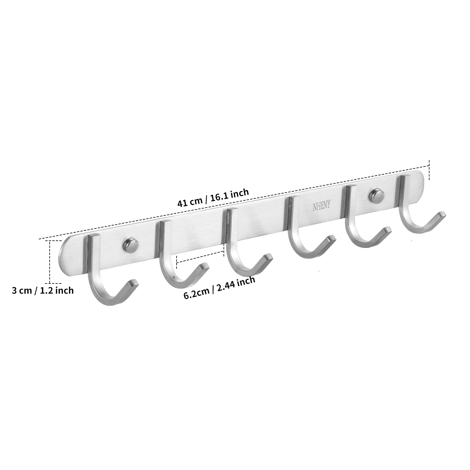NHENY Coat Hook Wall Mount Towel Rack with 6 Hooks Hanger for Hanging Clothes, Bags, Keys, and Towels Bathroom, Entryway, Door, 304 Stainless Steel Brushed Nickel