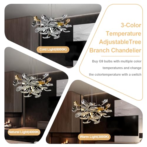 Image of AioTio Black Modern Chandeliers for Dining Room, D21.6'' Round Tree Branch Glass Ginkgo Leaf Farmhouse Chandelier,Silver Art Deco Ceiling Hanging Chandelier for Living Room,Entryway,Foyer,Kitchen