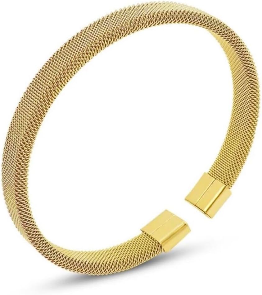 18K 18 Karat Yellow Gold Plated over Stainless Steel Mesh Cuff Open Bangle Bracelet, Nickel Free Waterproof hypoallergenic