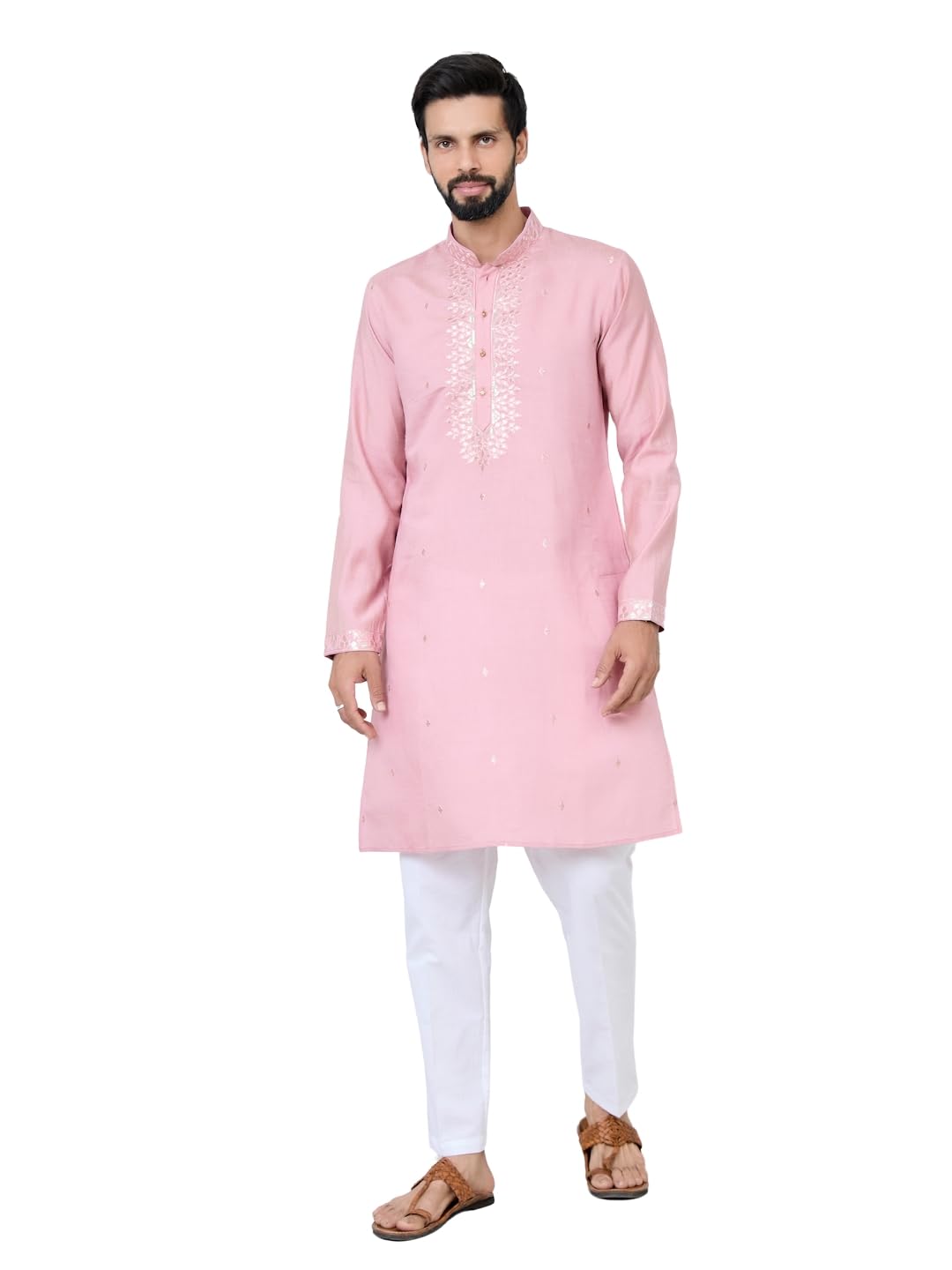 see designs Men's Full Sleeve Mandarin Collar Sequins Embroidered Chanderi Straight Long Kurta with Yoke Design Paired with Pyjama - Festive Collection-picture-29