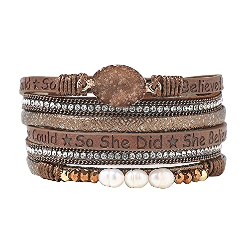 Artilady Leather Wrap Bracelet for Women - Handmade Clasp Bangle Bracelet with Pearl Beads Crystal Wristbands Jewelry Gift for Ladies and Mother