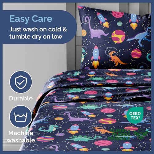 Image of Kids Queen Size Space Dino Bed Sheets - 4 Piece Kids Space Dino Sheet Set | Space Dino Themed Bedding, Ultra-Soft, Cute & Cozy, Breathable & Machine Washable, Bed Set for Boys, Girls & Teens & Cooling