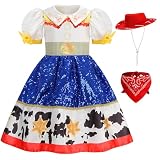 ROSADAGE Jessie Costume for Girls - Kids Cowgirl Sequin Dress Halloween Cosplay Outfit with Hat (120(5-6T))