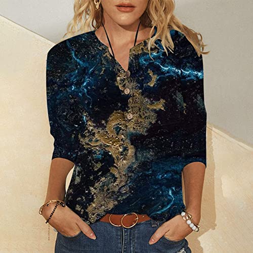 Blusa com estampa de mármore gráfica para meninas manga 3/4 gola canoa e botão para baixo camiseta L