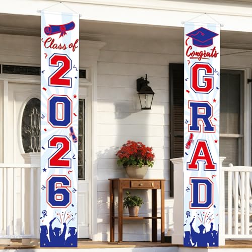 Image of Graduation Decorations 2026 Porch Banner, Graduation Banner Class of 2026, Red and Blue Congrats Grad Decorations for Door and Porch Party Supplies