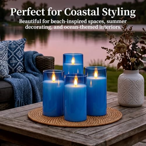 Image of Homemory Blue Flameless LED Pillar Candles with Remote Timer, Set of 9