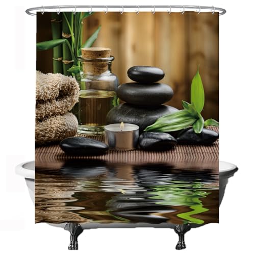 Ulticool Rideau de Douche - Zen Spa Méditation Rust Nature - 180 x 200 cm - Lavable - Anti moisissure - avec 12 Anneaux - Vert Beige Noir