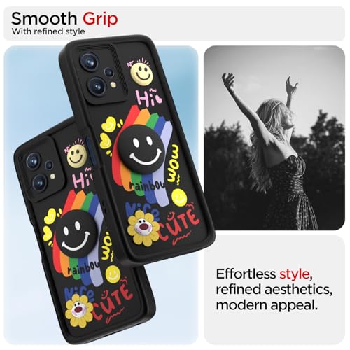 Image of Pikkme Back Cover for Realme 9 4G / Realme 9 Pro Plus 5G | Soft Silicone| Cute Rainbow Smile & 3D Cartoon Flower Design | Shockproof Raised Camera Protection Bumper Case (Black)