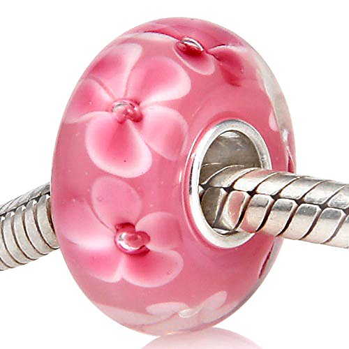 Ollia Jewelry Lampwork Murano Glass Beads Hawaii Flower Garden Charm with 925 Sterling Silver Core Flower Blossom Charm Pink Charms