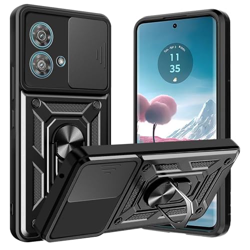 CONAPIKA Funda para Motorola Edge 40 Neo, con Cubierta de Cámara Deslizante + 360 Grados Magnetic Anillo PC Dura y TPU Anti Choque Case, Negro