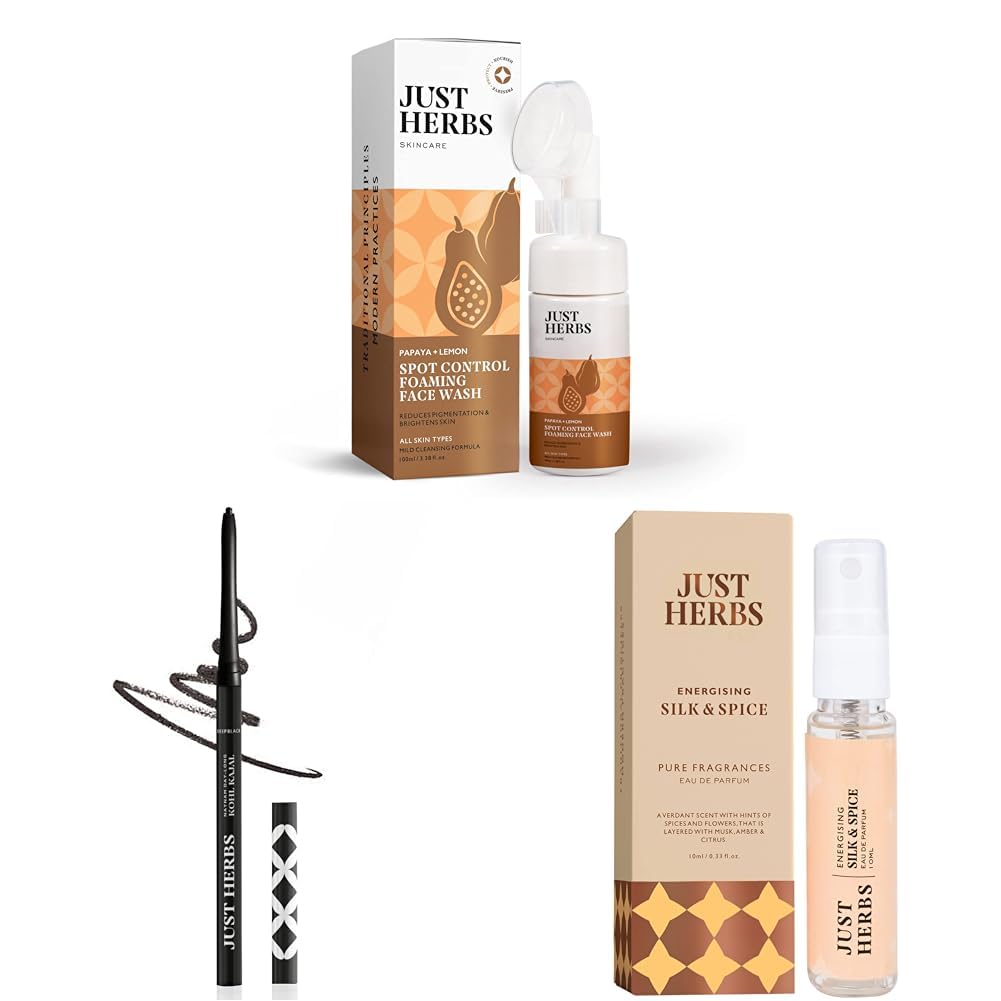 Just Herbs Brightening Foaming Face Wash With Vitamin C&Retractable 2 In 1 Herbal Eyeliner + Kajal With Almond Oil&Luxury Scent Long Lasting Silk&Spice Travel Friendly Perfume 10Ml