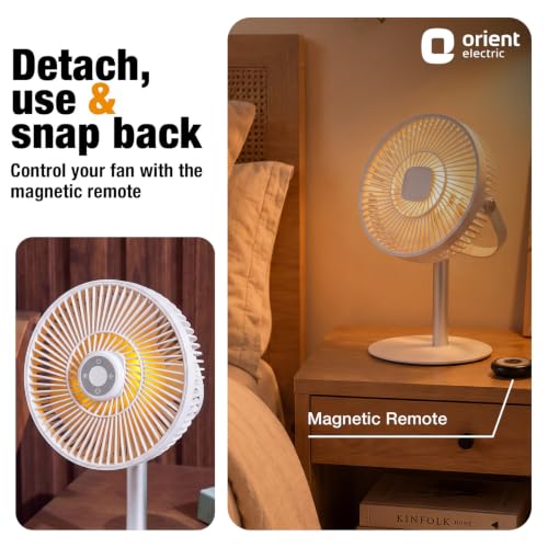 Image of Lumo Rechargeable Table Fan for Home | Portable Battery Fan with 6000 mAh Battery | 4 Speed Modes, 180 Rotation, Adjustable Height | Magnetic Remote & LED Light, Type-C Charging | White