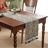 Tischläufer mit Vintage-Blumenmuster und Quasten, blaues und korallenfarbenes Blumenmuster, dekorativer Esstischläufer, Polyester-Baumwollgarn, gefärbter Stoff, hochwertige Tischdecke mit Quasten, 33