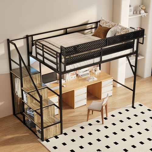 Image of Full Size Metal Loft Bed with Storage Stairs, Wardrobe & Charging Station | Storage Shelve,Convertible Staircase,LED Lights, Solid Wood Stairs, Safety Guardrail, Noise-Free, No Box Spring Needed